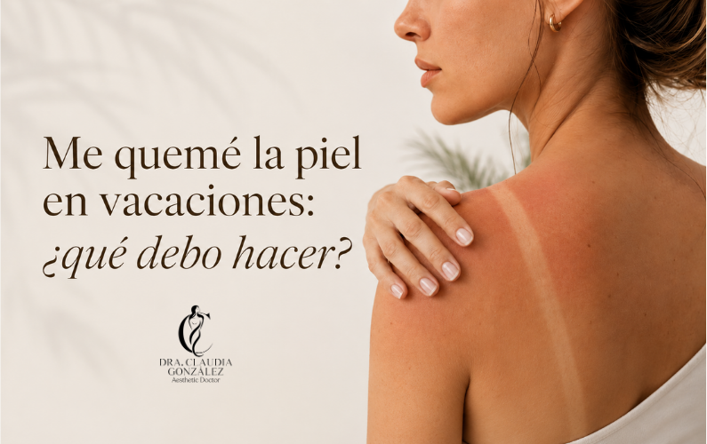 Mujer con piel sensible después de exposición solar aplicando cuidado calmante en tonos beige.